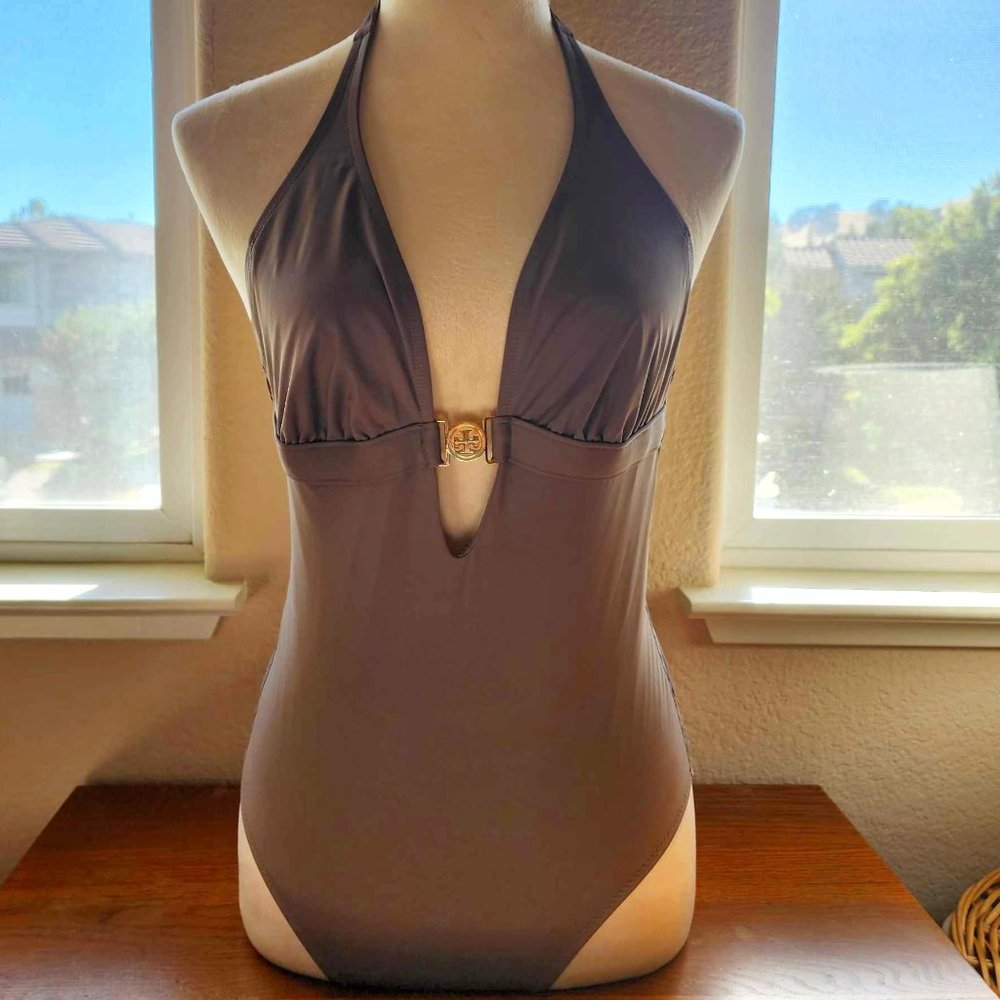 Tory Burch Nude One-Piece Halter Swim Suit